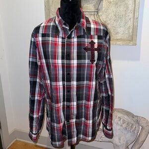 Edify  western black red white embroidered cross men’s long sleeves shirt Sz M